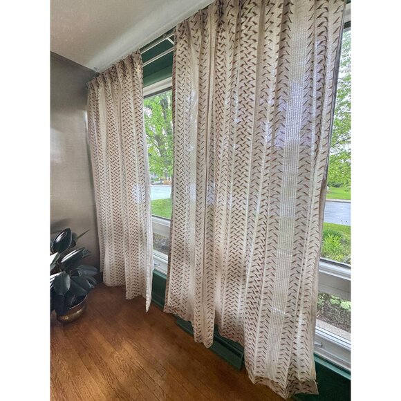 Vintage 80s curtain, tan brown zigzag abstract pattern, pleated, price for one - Picture 3 of 10